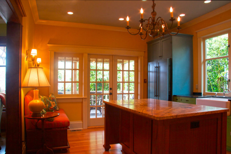 Overview of kitchen remodel looking toward back porch.