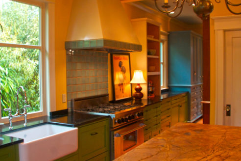 Farm sink & Yellow Damasco marble island counter.